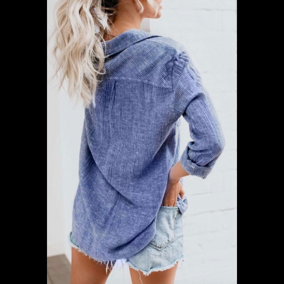 Pinstripes V Neck W/ Shoestring Lace Up Front Pockets Blue Dress Shirt - Picture 4 of 8